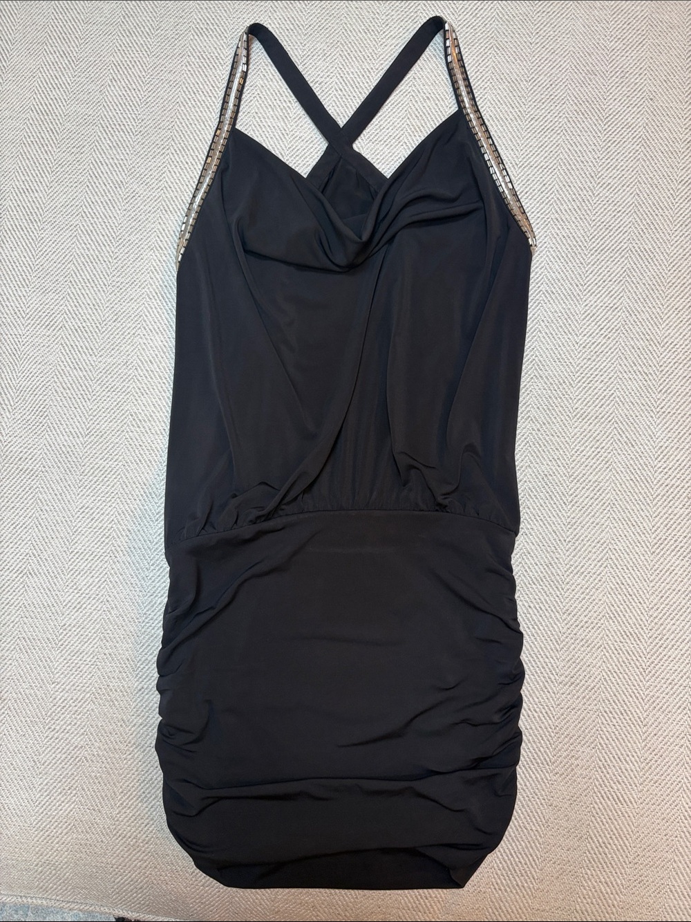 Guess Black Sleeveless Ruched Mini Dress with Beaded Straps